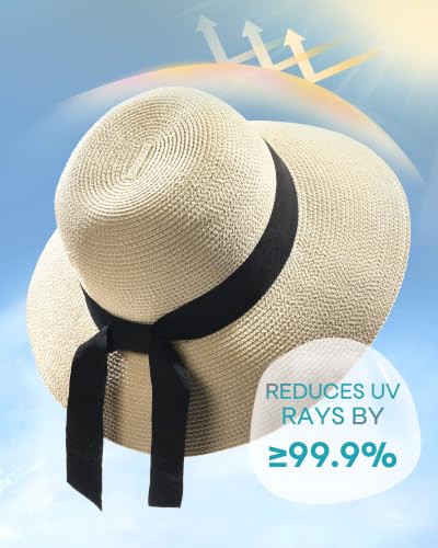 FURTALK Womens Beach Sun Straw Hat Wide Brim UV Protection Travel Hat - color: Pure Beige, size: Medium-Large