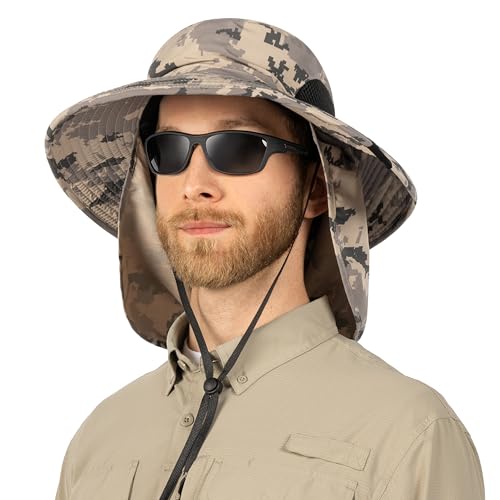 SUN CUBE Wide Brim Sun Hat for Men & Women, UPF 50+ UV Protection, Mesh Boonie Hat with Chin Strap, Fishing Hiking Hat - color: Camo Grey With Flap