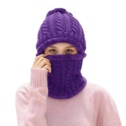 HUAMULAN Women Winter Knit Beanie Hats One Piece Fleece Lined Balaclavas - color: Purple