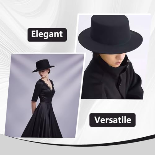 erioctry Fashion Classic Black Wool Blend Fedora Hat Wide Brim Flat Church Derby Cap Pork Pie Jazz Hat for Men Women Wedding Party Talent Show Performance