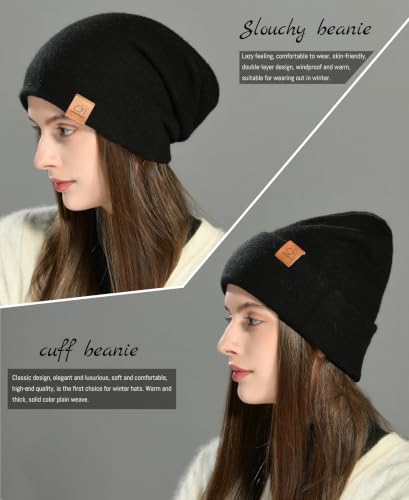 jaxmonoy Slouchy Knit Beanies Winter Hats for Women Men Soft Warm Reversible Slouch Cuffed Skull Knitted Beanie Cap - color: Black