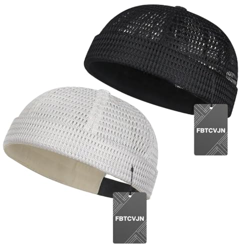 2 Pack Men's Breathable Brimless Hat Summer Style Mesh Tang Ultra Cooling Skull Adjustable Hip-Hop Cap Docker Beanie - color: White+black