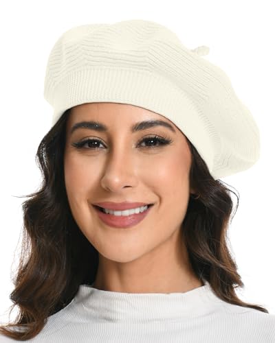 Cotton Knitted Women Beret Hat, French Style Solid Color Beret, Winter Autumn Warm and Soft Beanie Hat - color: Cream White