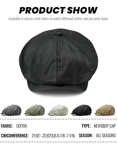 CLAPE Newsboy Caps for Men, Vintage 8 Panel Cotton Flat Cap, Breathable Stretch Fit Men's Newsboy Hat for Driving, Travel