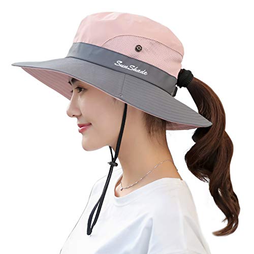 Muryobao Women's Ponytail Sun Hat UV Protection Foldable Mesh Wide Brim Beach Fishing Hat - color: Pink