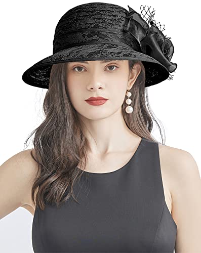 Organza Fascinator Hat - Women’s Wide Brim Church Bridal Tea Party Wedding Hat - color: 03-laceblack