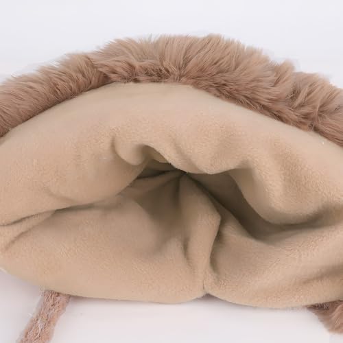 Women Winter Sherpa Beanie Hats Knit Ear Flap Hat Fleece Lined - color: Khaki With 3 Pompoms