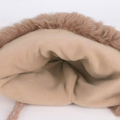 Women Winter Sherpa Beanie Hats Knit Ear Flap Hat Fleece Lined - color: Khaki With 3 Pompoms
