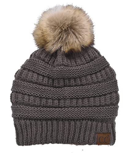 C.C Trendy Fuzzy Fleece Lined Warm Comfortable Soft Stretch Cable Knit Ribbed Faux Fur Pom Pom Beanie Hat - color: Earth Grey