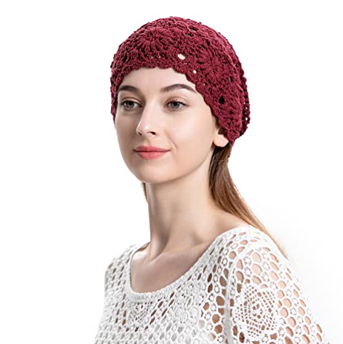 ZLYC Women Cotton Crochet Slouchy Beanie Hat Handmade Knit Summer Skull Cap - color: Burgundy Red