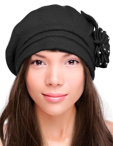 Dahlia Women's Winter Hat - Wool Cloche/Bucket Hat, Slouch, Flower - color: Black