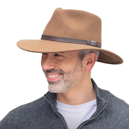 Bigalli Australian Wool Felt Hat - Outdoor Fedora Style - Crushable Water - Resistant UV Protection - color: Tobacco, size: X-Large