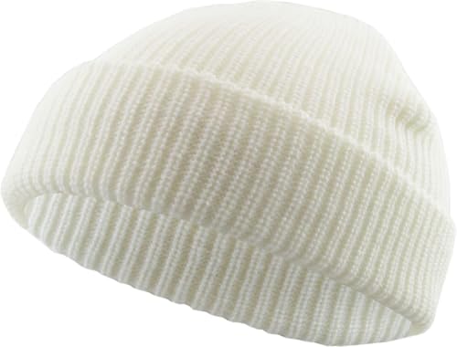 Fisherman Short Beanie Leon Roll up Trawler Classic Skullcap Hipster Beanie Warm Winter Hats Acrylic Ribbed Knit Cuff Daily - color: White Fisherman Beanie