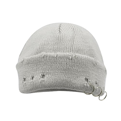 AIBEARTY Swag Short Fisherman Beanie for Men Women Rolled Cuff Beanie Skull Caps Wool Knit Winter Ski Hat with O Rings - color: Grey