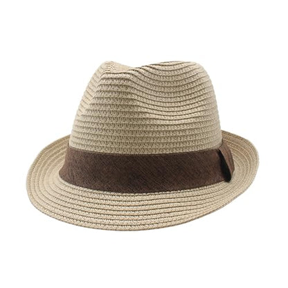Straw Fedora Hat for Women Men Short Brim Panama Hats Derby Trilby Hats Breathable Packable Summer Beach Sun Hat - color: Beige Brown
