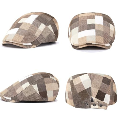 Flat Cap for Men Cotton Plaid Ivy Newsboy Hat Driving Golf Cap - color: Khaki