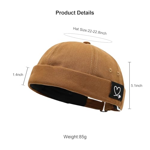 Mens Docker Cap Brimless Skullcap Sailor Cap Rolled Cuff Retro Beanie Hat - color: Double Heart Khaki