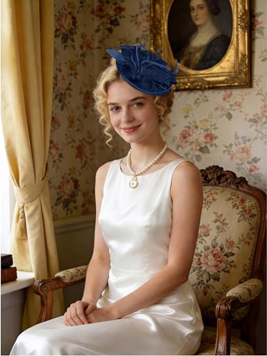 Women Fascinators Hats Tea Party Headband Hair Clip Feathers Hat for Wedding Cocktail Party - color: Navy