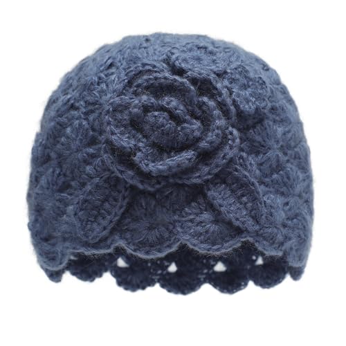 ZLYC Women Winter Crochet Knit Floral Beanie Hat - color: Rose Blue, size: One Size
