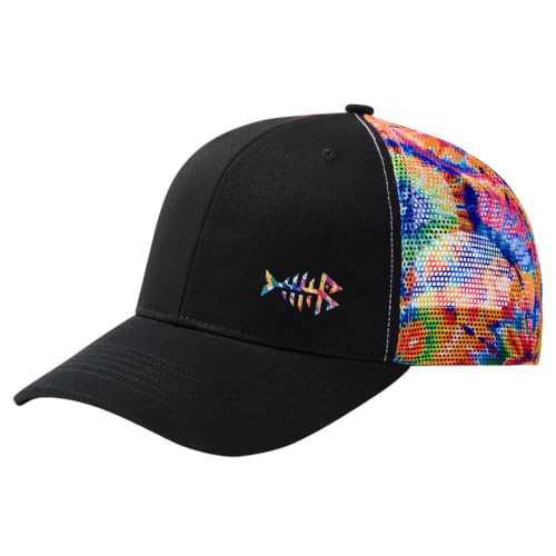 BASSDASH Printed Mesh Trucker Hat for Men Women Adjustable Baseball Cap Fishing Camping Outdoors Sporting Hat with Snap FH20 - color: Black/Tie-dye Color, style: Big Head
