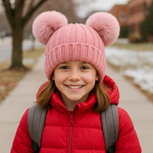 Toddler Winter Knit Hat Upgrade Fleece Lined Pompom Ears Beanies Cap for Boys Girls 3-12 Years - color: Dark Pink