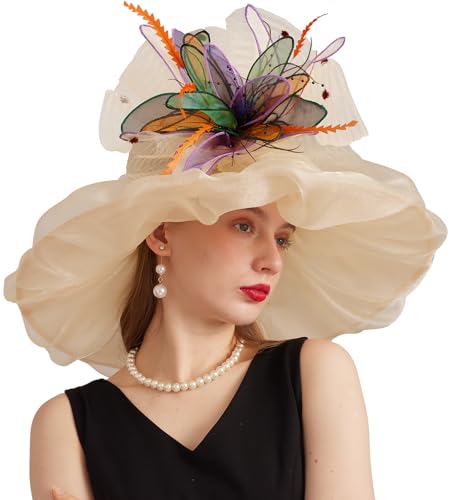 Women Derby Church Hat Organza Flower Wedding Tea Party Fascinator Wide Brim Sun Hat - color: 12-cream Color