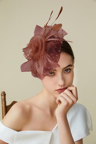 BABEYOND Fascinators Hats for Women Tea Party Flower Tulle Bead Derby Hat - color: Coffee