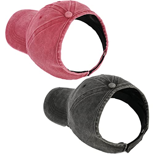 2 Pack Backless Cap for Women Natural Curly Hair Hat Baseball Cap Afro Puff Ponytail Hat - color: Black+red