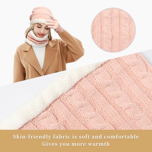MAYLISACC Winter Knit Beanie Hat Neck Warmer Scarf and Touch Screen Gloves Set 3 Pcs Fleece Lined Skull Cap for Men Women - color: Pink--3 Pcs--(hat+scarf+gloves)