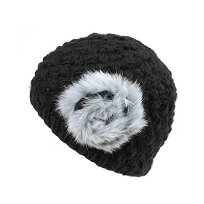 Woman's Warm Soft Cable Lace Pom Furry Flower Crochet Fashion Knit Hat - color: Black Flower, size: One Size