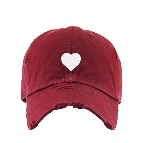 Heart Vintage Baseball Cap Embroidered Cotton Adjustable Distressed Dad Hat - color: Maroon