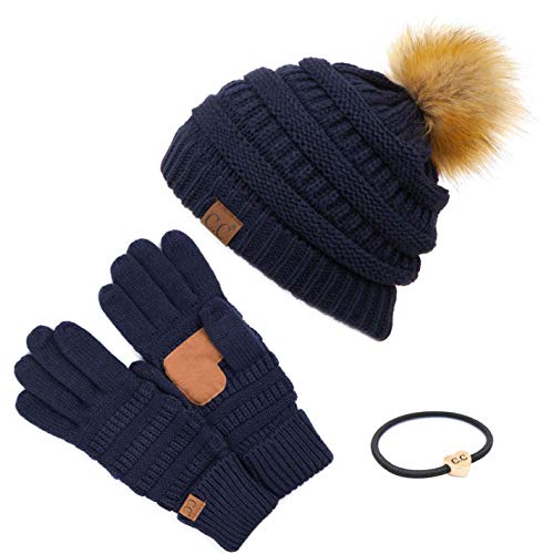 C.C Hatsandscarf Exclusives Unisex Solid Ribbed Beanie with Pom (HAT-43) - color: A Gift Set-navy