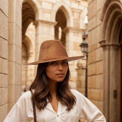 Fedora Hat for Men Women, Wide Brim Felt Panama Cap - color: Khaki