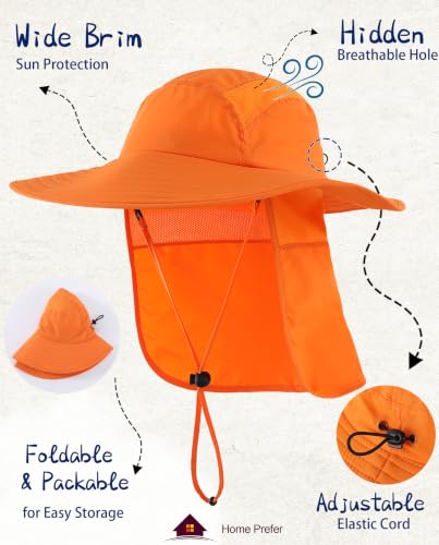 Home Prefer UPF 50+ Sun Hat with Neck Flap Wide Brim Fishing Hat for Men - color: Orange