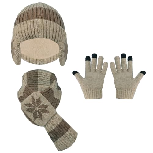 PURFUN Kids 3-in-1 Beanie Scarf Touchscreen Gloves Set, Winter Thick Warm Fleece Lined Knitted Skull Cap with Ear Flaps - color: Beige