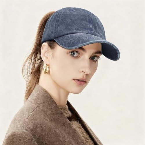 Women Washed Baseball Cap Vintage Blank Hat with Ponytail Hole - color: Navy