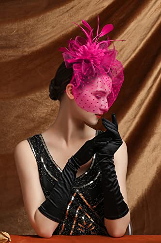 Fascinators Hat Feather Headband Women's Fascinators Tea Party Headwear with Clip Derby Hat for Girls and Women - color: 1 Rose Red