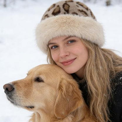 Winter Faux Fur Bucket Hat for Women, Cozy Leopard Print Cheetah Fuzzy Hat