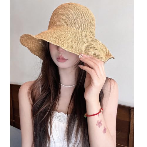 Women Straw Sun Hat Summer Beach Hats Foldable Floppy Cap Wide Brim Bucket Hat Solid Handmade Sun Protection Caps - color: Khaki