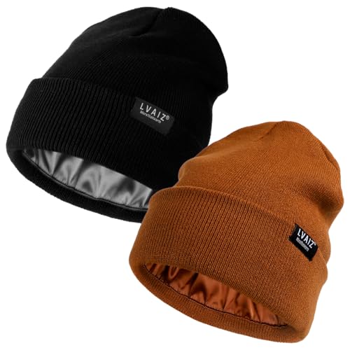 2 Pack Satin Lined Beanies for Men and Women Warm Cuffed Winter Hats - color: Black+brown