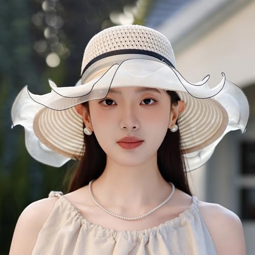 Floral Church Wide Brim Sun Hat, Breathable Derby Tea Party Hat - color: Beige