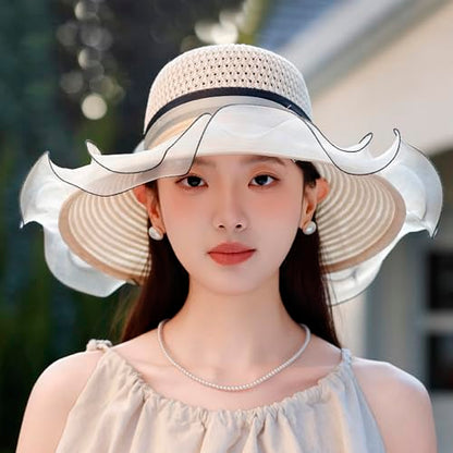 Floral Church Wide Brim Sun Hat, Breathable Derby Tea Party Hat - color: Beige