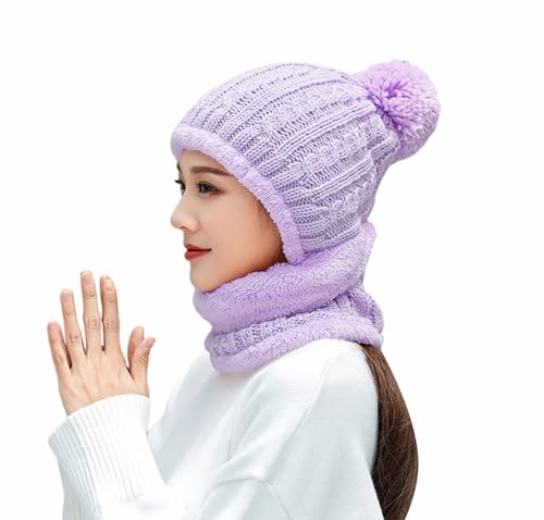 HUAMULAN Women Winter Knit Beanie Hats One Piece Fleece Lined Balaclavas - color: Light Purple