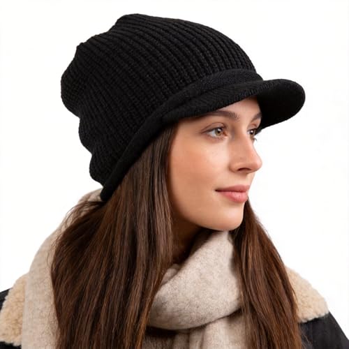 Winter Beanie with Visor - Stylish Knit Hat with Bill - Thick Brimmed Beanies with Fleece Lining Men and Women - color: B326-black