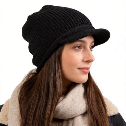 Winter Beanie with Visor - Stylish Knit Hat with Bill - Thick Brimmed Beanies with Fleece Lining Men and Women - color: B326-black