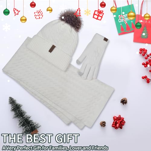 Winter Hat Scarf Gloves Set for Women, Classic Cable Beanie with Removable Pom Pom Long Scarf Touchscreen Gloves 3 in 1 Set - color: White