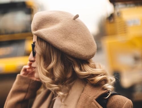 Lanzom Wool Blend Women Beret Hat French Beret Cap Winter Fashion Solid Color Hat for Women Girls Lady - color: Camel