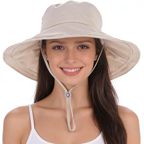 Women's UPF 50+ Waterproof Wide Brim Sun Bucket Hat with Ponytail Hole - color: Beige