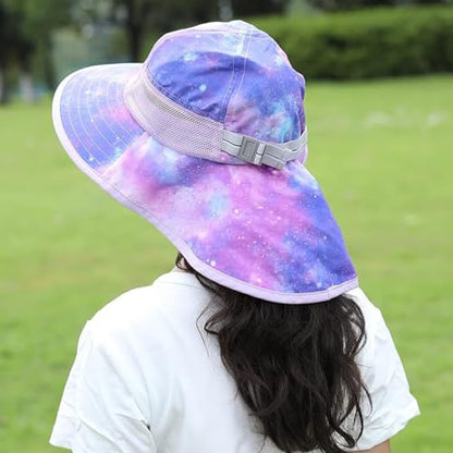 icolor Kids Sun Hat UPF50+ Sun Protection Bucket Hat Toddler Summer Beach Play Hats with Neck Flap for Girl Boy Ages 3~10 - color: Pinkgalaxy