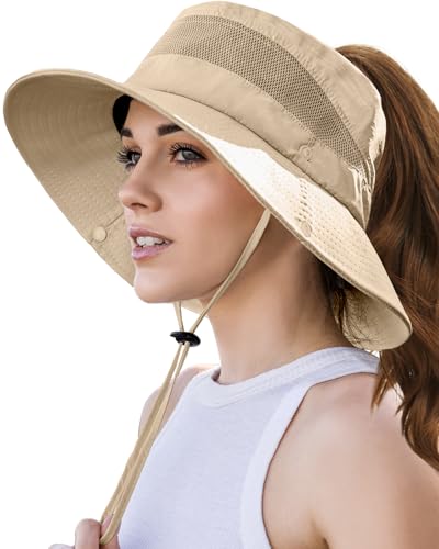 EW EastWater Beach Sun Bucket Hats for Women,UV Protection High Ponytail Hole UPF 50+ Waterproof for Hiking Safari Fishing - color: Khaki